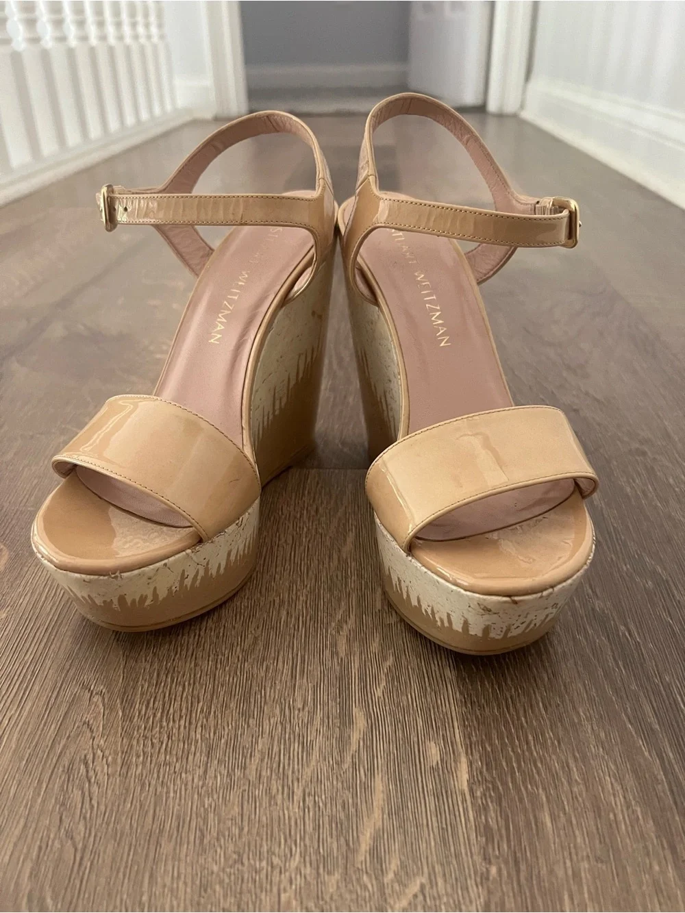 Stuart Weitzman Patent Tan Platform Wedge Sandals - Picture 5 of 13